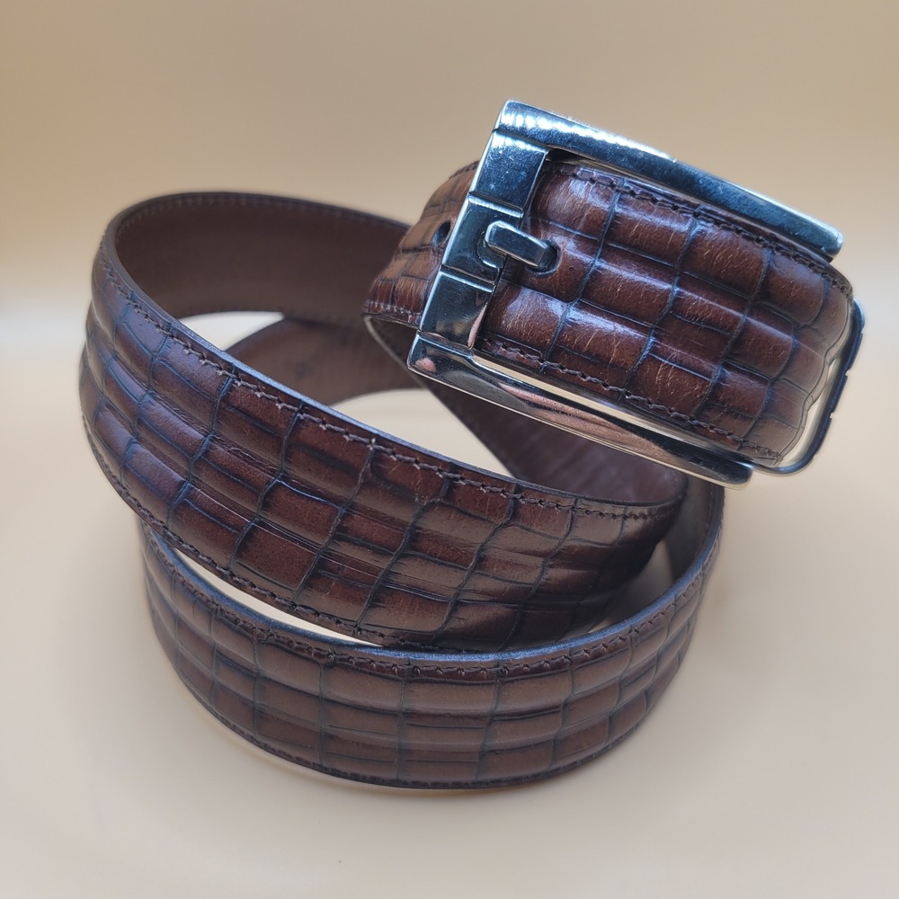 Torino Mens Size 36 Brown Embossed Italian Calfskin Leather Belt 60037